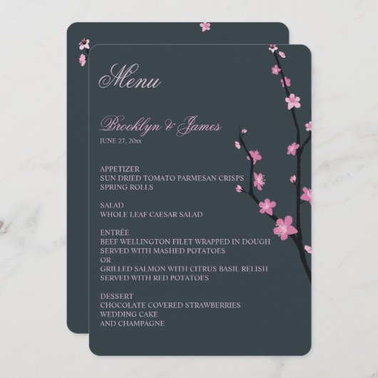 Dark Cherry Blossom Wedding Menu (Voorkant / Achterkant)