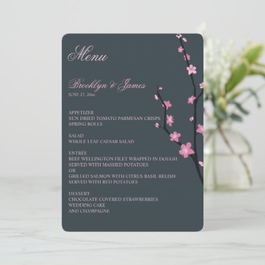 Dark Cherry Blossom Wedding Menu (Staand voorkant)