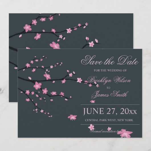 Dark Cherry Blossom Wedding Save the Date Kaarten (Voorkant / Achterkant)