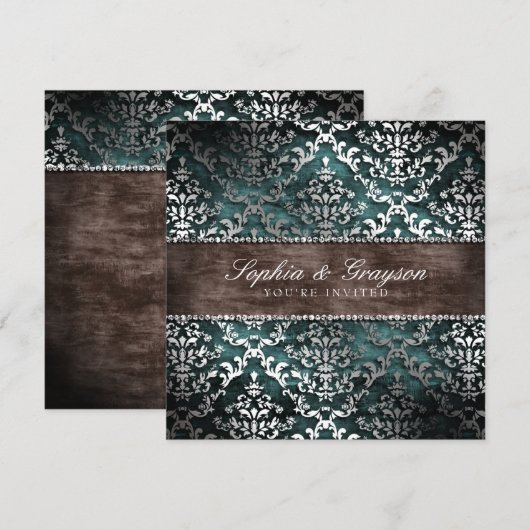 Dark Chocolate Blauwgroen Glimmer Damask Wedding I Kaart (Voorkant / Achterkant)