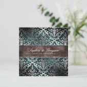 Dark Chocolate Blauwgroen Glimmer Damask Wedding I Kaart (Staand voorkant)