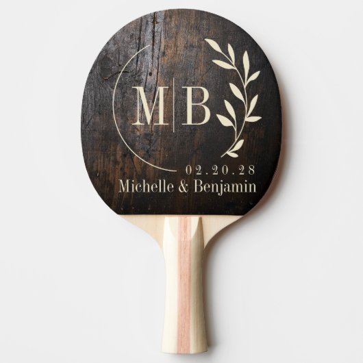 Dark Chopping Block Leaf Wedding Monogram Tafeltennisbatje (Voorkant)