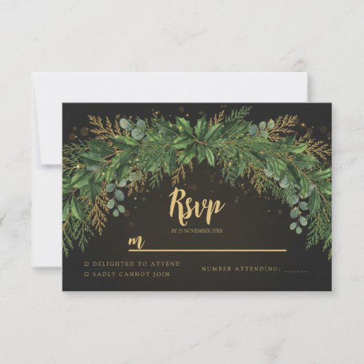 Dark Christmas Greenery Arch Wedding RSVP Card Kaartje (Voorkant)
