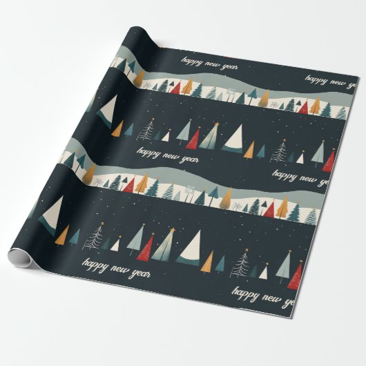 Dark Christmas Tree Pattern Wrapping Paper Cadeaupapier (Uitgerold)