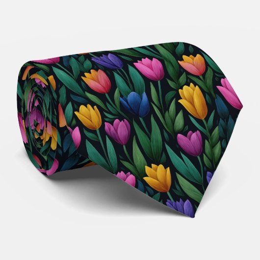 Dark Colorful Tulip Floral Pattern Stropdas (Opgerold)
