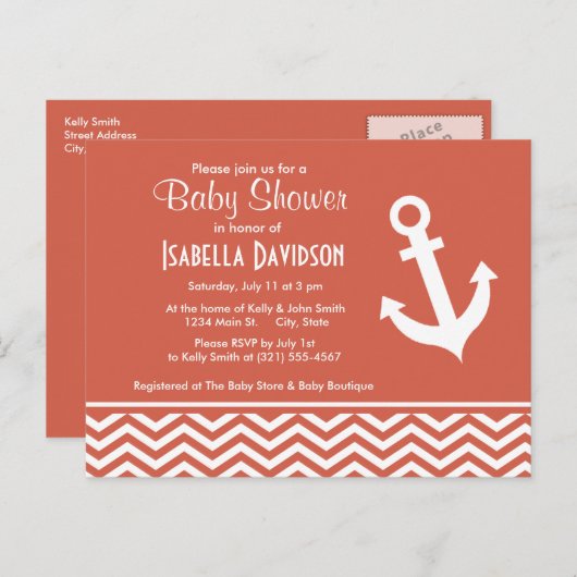 Dark Coral Chevron; Anker Uitnodiging Briefkaart (Voorkant / Achterkant)