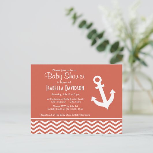 Dark Coral Chevron; Anker Uitnodiging Briefkaart (Staand voorkant)