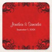 Dark Crimson Rode Bloemen Gothic Vierkante Papier  Kartonnen Onderzetters (Voorkant)