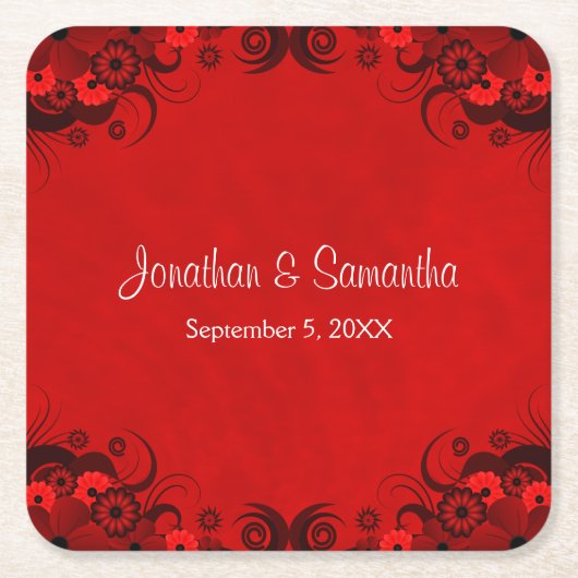 Dark Crimson Rode Bloemen Gothic Vierkante Papier  Kartonnen Onderzetters (Voorkant)