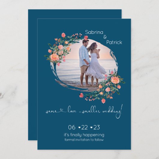 Dark Cyan Photo Lijst Floral Save The Date (Voorkant / Achterkant)