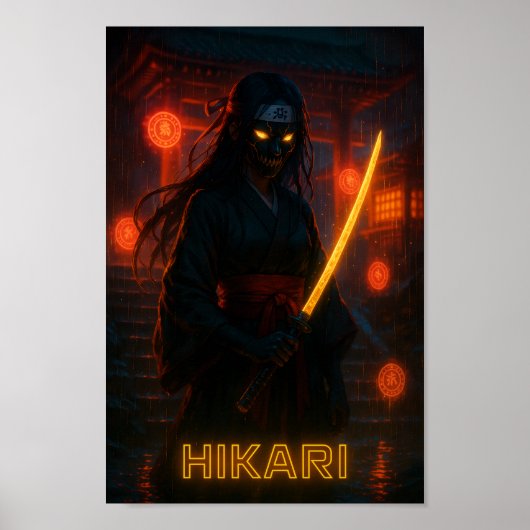 Dark Cyberpunk Anime Girl met een gloeiende Katana Poster (Voorkant)