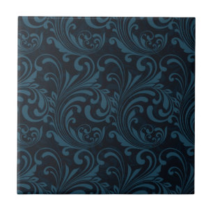 Dark Damask Blue Black Swirl Masculine Pattern Tegeltje