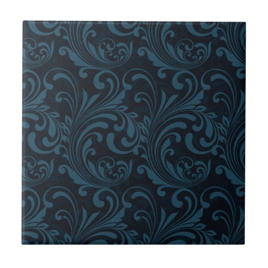 Dark Damask Blue Black Swirl Masculine Pattern Tegeltje (Voorkant)