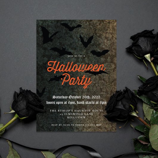 Dark Damask en Bats Halloween Party Invitation Kaart