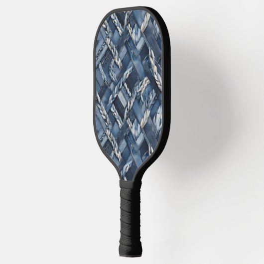 Dark Distressed Denim Patchwork And Braids Pickleball Paddle (Links)