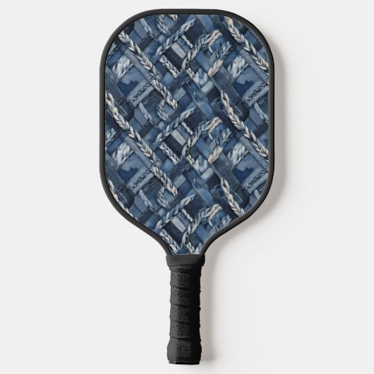 Dark Distressed Denim Patchwork And Braids Pickleball Paddle (Achterkant)