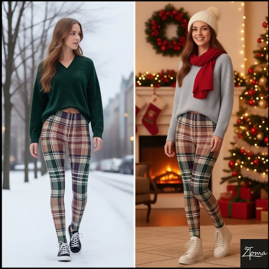 Dark Earthy Green Tan Tartan Plaid Leggings