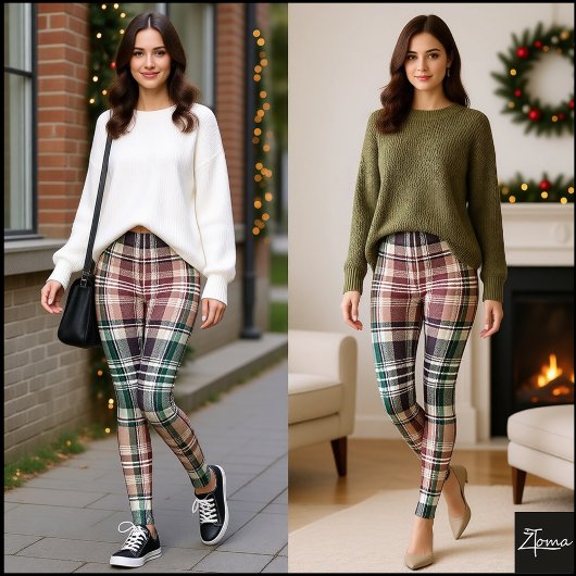 Dark Earthy Green Tan Tartan Plaid Leggings