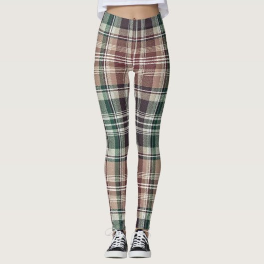 Dark Earthy Green Tan Tartan Plaid Leggings (Voorkant)