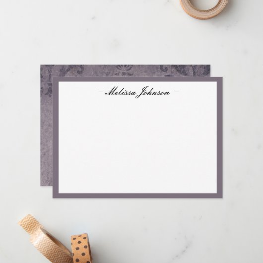 Dark Eggplant Damask gepersonaliseerd Notitiekaartje (Voorkant / Achterkant in situ)