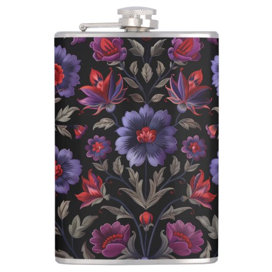 Dark Elegance: Black and Purple Floral Pattern Heupfles (Voorkant)