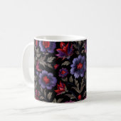 Dark Elegance: Black and Purple Floral Pattern Koffiemok (Voorkant links)
