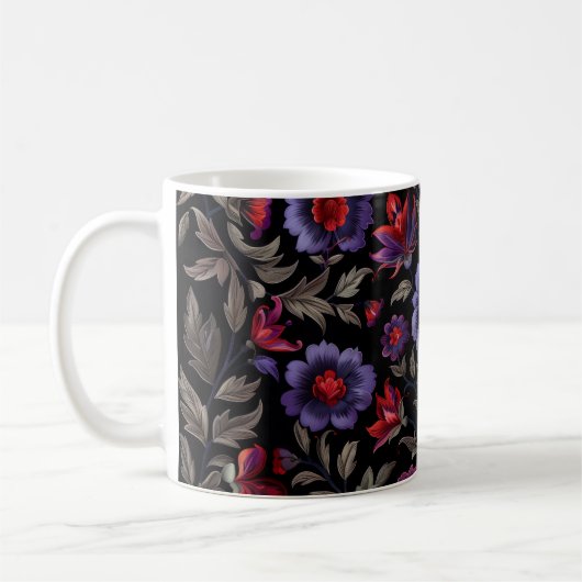 Dark Elegance: Black and Purple Floral Pattern Koffiemok (Links)