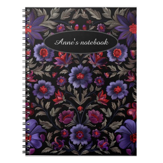 Dark Elegance: Black and Purple Floral Pattern Notitieboek (Voorkant)