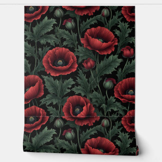 Dark Elegance: Crimson Poppies en Verdant Leaves Behang