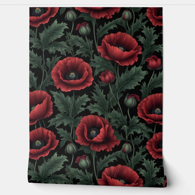 Dark Elegance: Crimson Poppies en Verdant Leaves Behang (Afrollen)