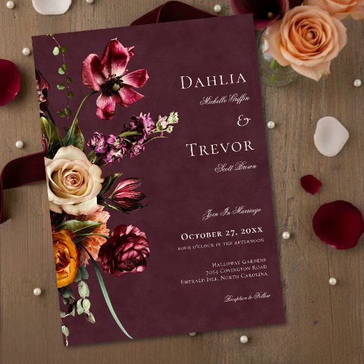 Dark Elegant Autumn Floral Burgundy Wedding Kaart