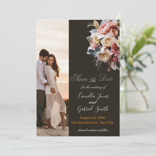 Dark Elegant Boho Wedding Invitation | Luxury Flor Kaart (Staand voorkant)