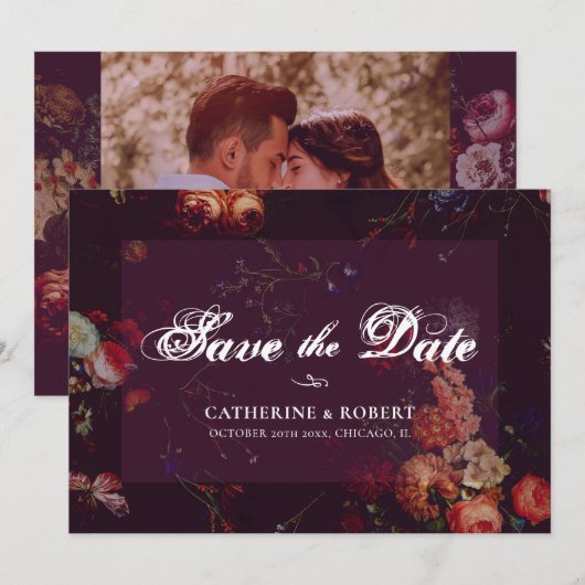 Dark Elegant Burgundy Moody Floral Save The Date (Voorkant / Achterkant)