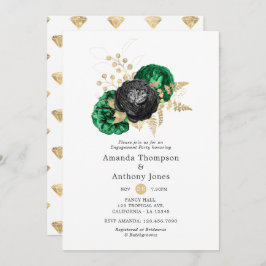 Dark Emerald en Gold Floral Engagement Party Kaart