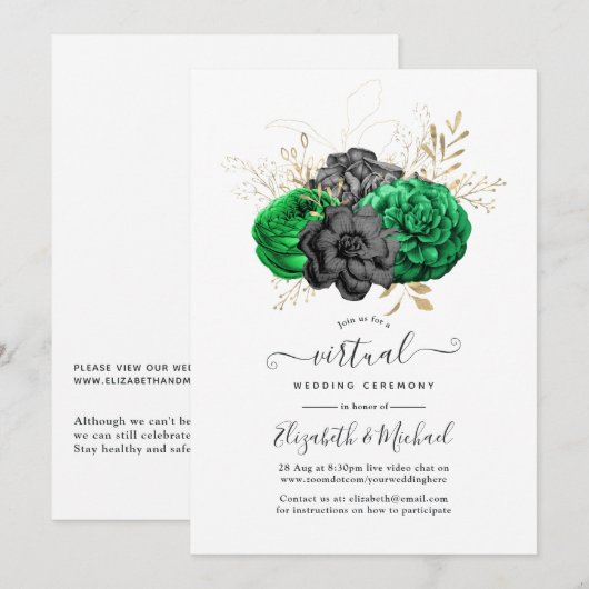 Dark Emerald en Gold Floral Virtual Wedding Kaart (Voorkant / Achterkant)