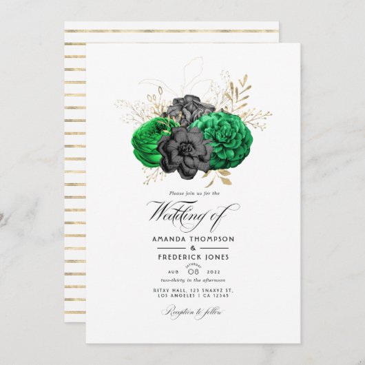 Dark Emerald en Gold Floral Wedding Foto Kaart (Voorkant / Achterkant)