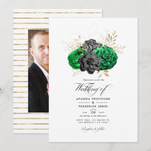 Dark Emerald en Gold Floral Wedding Foto Kaart