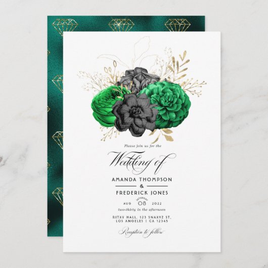Dark Emerald en Gold Floral Wedding Invitation Kaart (Voorkant / Achterkant)