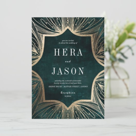 Dark Emerald Green en Faux Gold Art Nouveau Kaart (Staand voorkant)