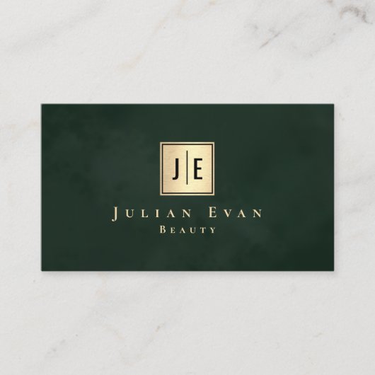 Dark Emerald Green & Gold Luxe Monogram Visitekaartje (Voorkant)