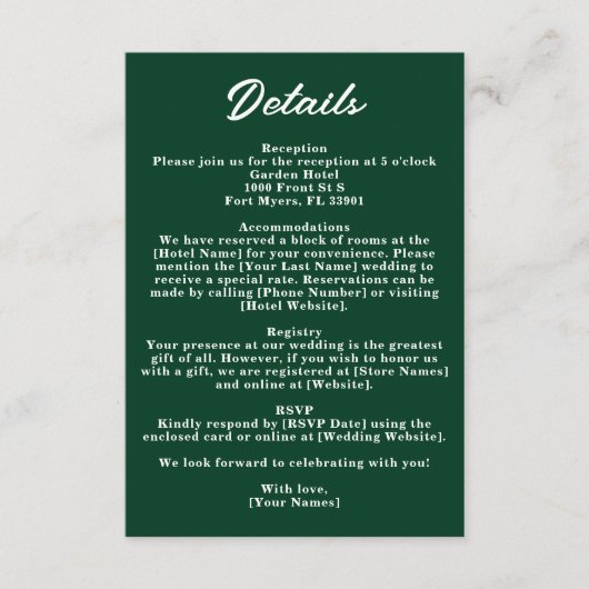 Dark Emerald Green Moody Jewel Wedding Details Informatiekaartje (Voorkant)