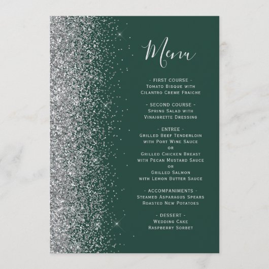 Dark Emerald Green Silver Glitter Wedding Menu (Voorkant)