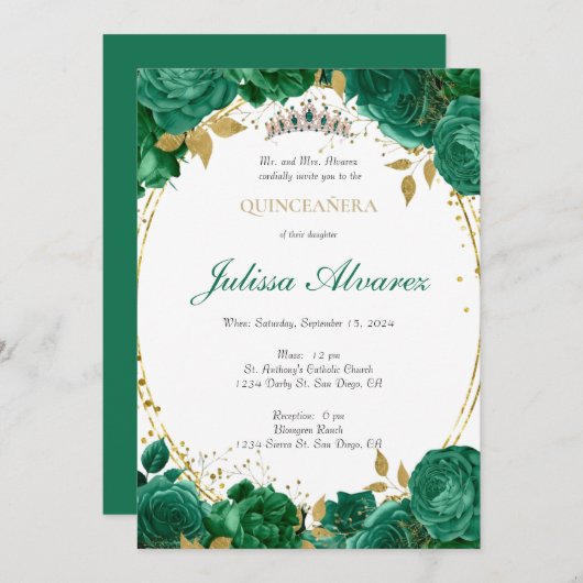 Dark Emerald Green Tiara Quinceanera Uitnodiging (Voorkant / Achterkant)