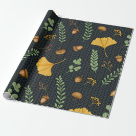 Dark Fall Gift Wrap with Ginkgo Leaves and Acorns Cadeaupapier