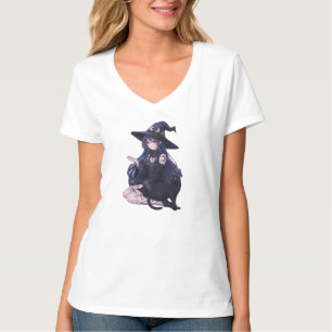 Dark Fantasy Anime Girl & Gothic Black Cat Art T-shirt