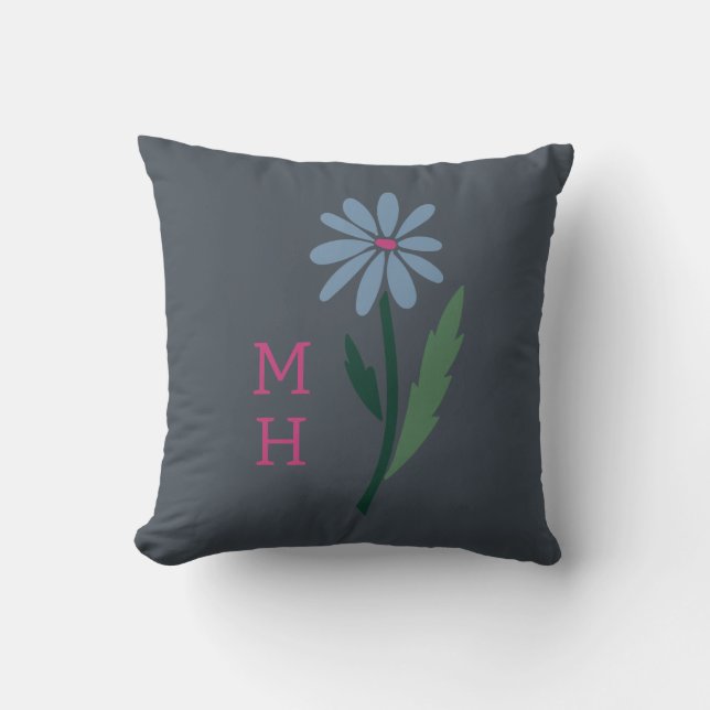 Dark Farmhouse Retro Blue Floral Monogram Gray Kussen (Voorkant)