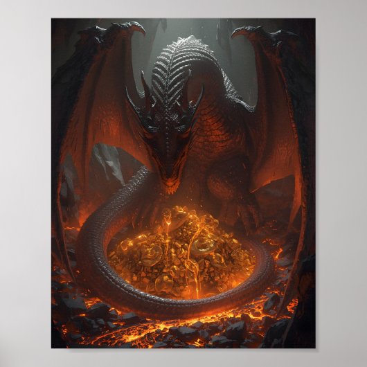 Dark Fire Dragon Guarding Treasure – Fantasy Art Poster (Voorkant)
