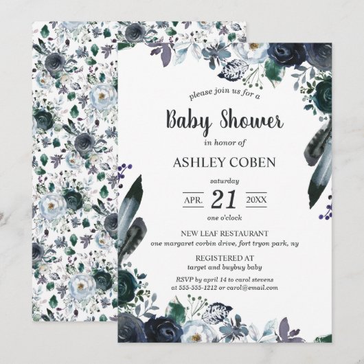 Dark Floral Baby shower Invitation Kaart (Voorkant / Achterkant)