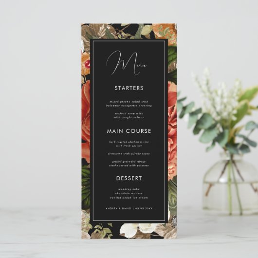 Dark Floral Botanical Elegant Romantic Wedding Menu (Staand voorkant)
