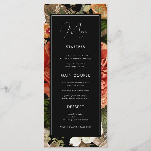 Dark Floral Botanical Elegant Romantic Wedding Menu (Voorkant)
